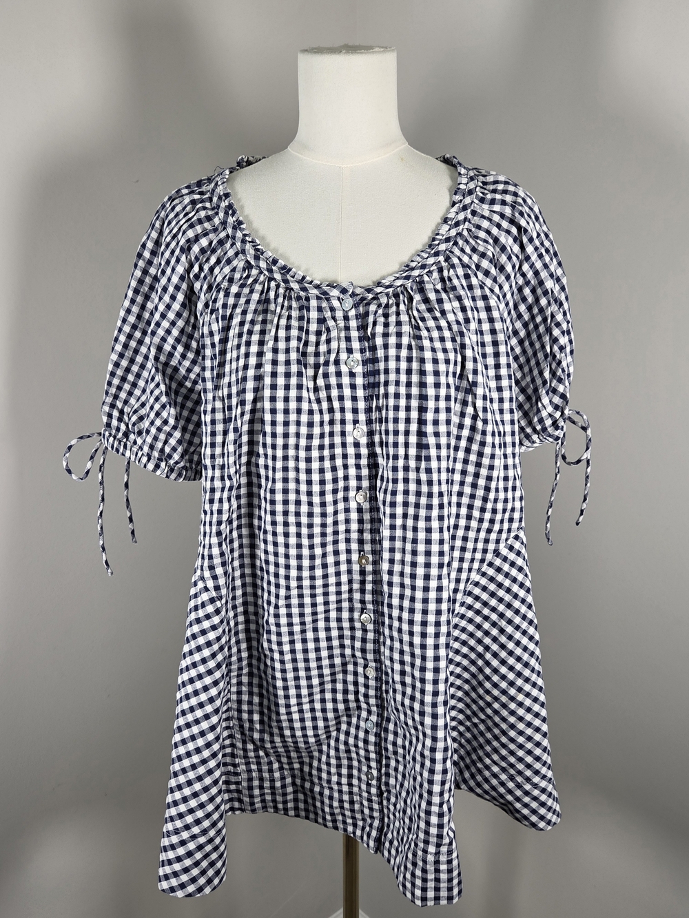 Free People Navy and White Gingham Button-Down Peasant Top